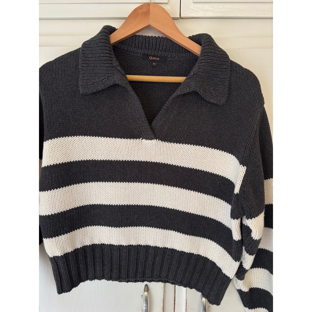 Quince Organic Cotton Striped Polo Sweater Charcoal Ivory XS Cropped V-Neck - Picture 2 of 10